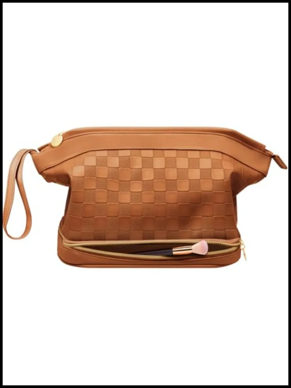 Double Layer Travel Makeup Bag with Brush Compartment, Waterproof PU Leather,
